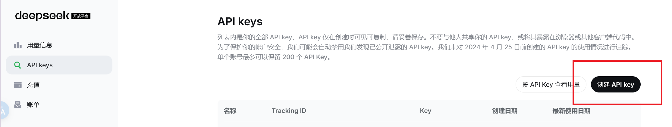DeepSeek 控制台创建 API Key
